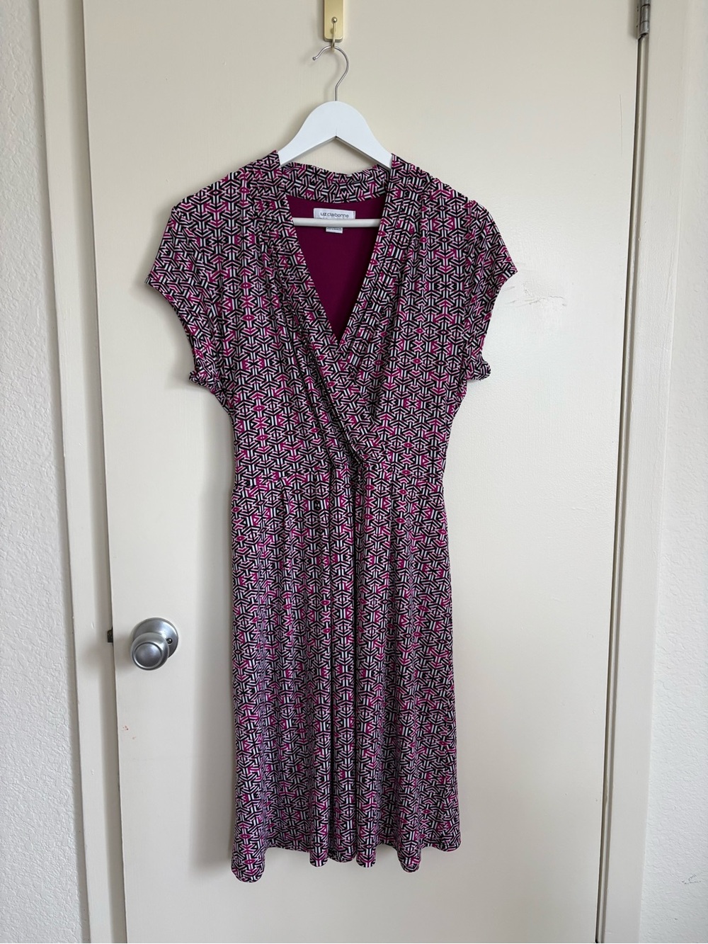 Liz Claiborne Pink & Black Faux-Wrap Cap Sleeve Dress Size L